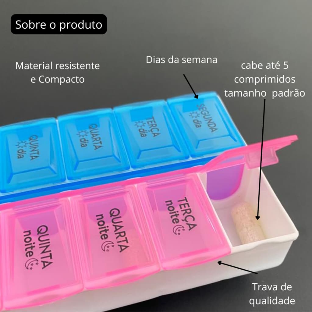 Porta organizador de comprimido dia e noite dias da semana