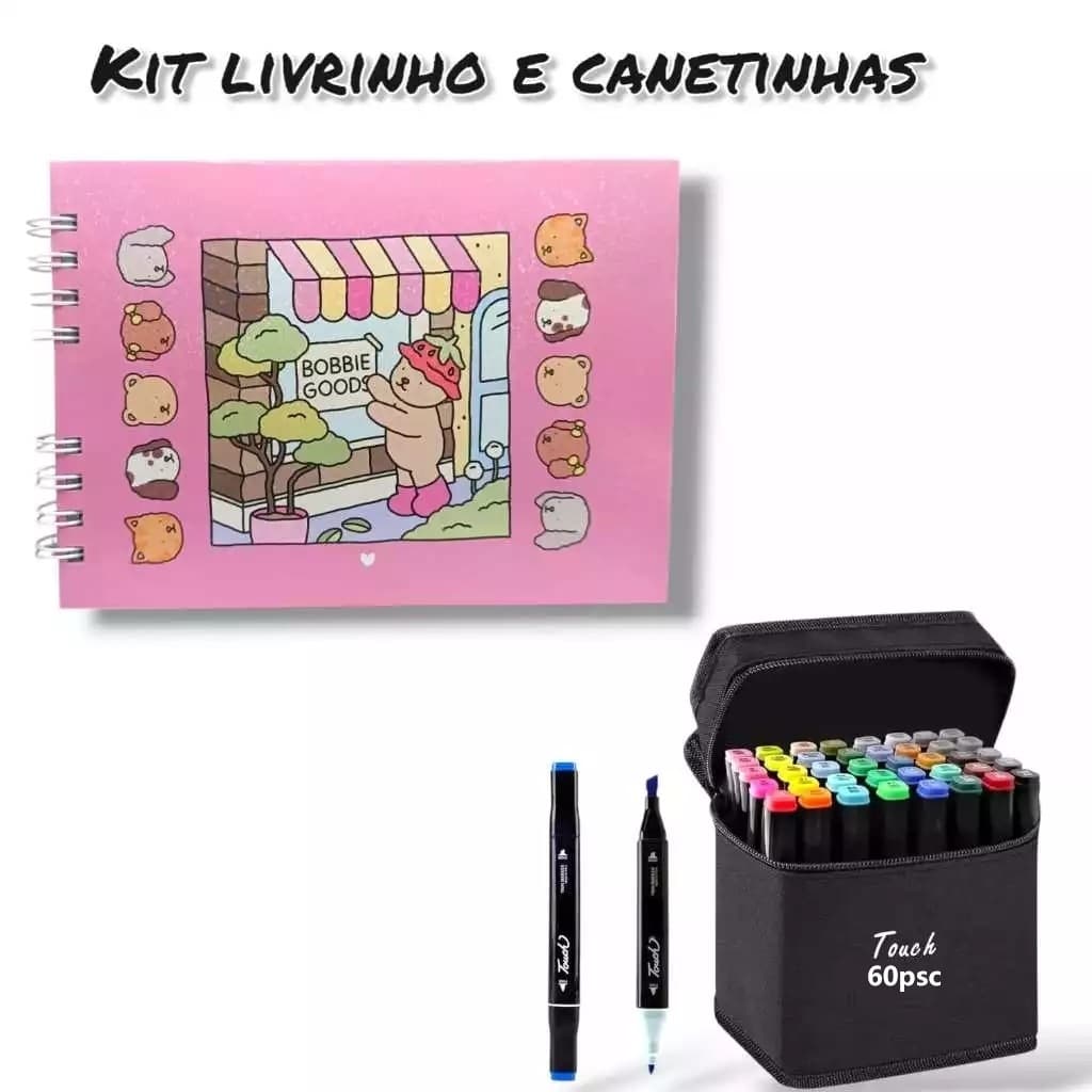 Kit Livro De Colorir Bobbie Goods Capa Dura 55 Páginas + Canetinhas Ponta Dupla Marca Texto 24/36/60